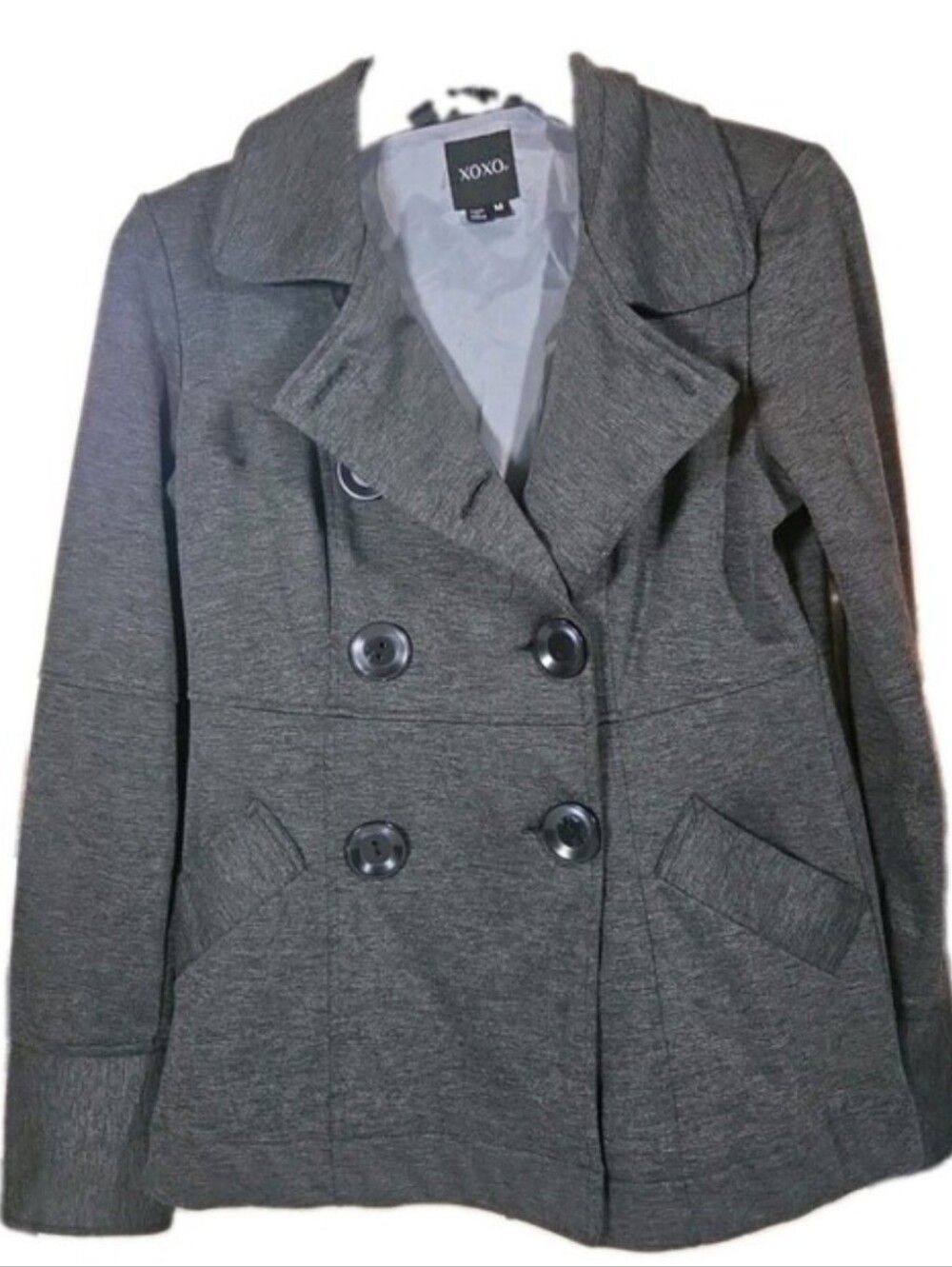 XOXO Women charcoal gray peacoat M double-breasted button closure Dark Academia